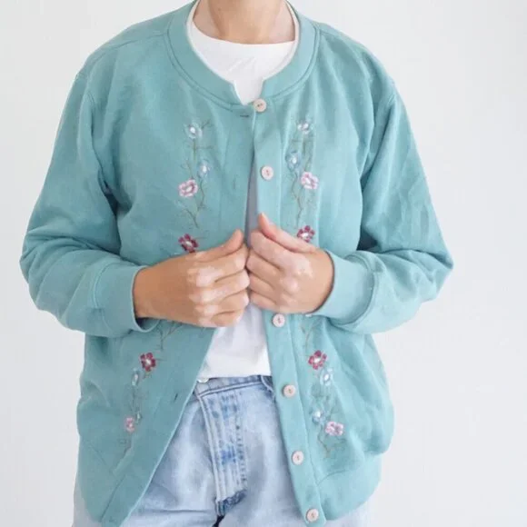 Vintage Shenanigans Teal Cardigan Floral Embroidery Romantic Coastal Grandma M - Picture 2 of 11